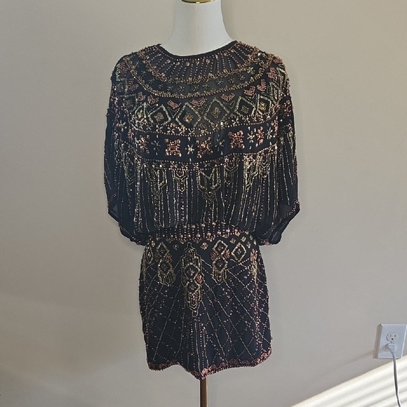 ASOS Black Gold Beaded Cape Top & Mini Skirt Set Embellished NWT Size 8 Boho - Picture 3 of 13
